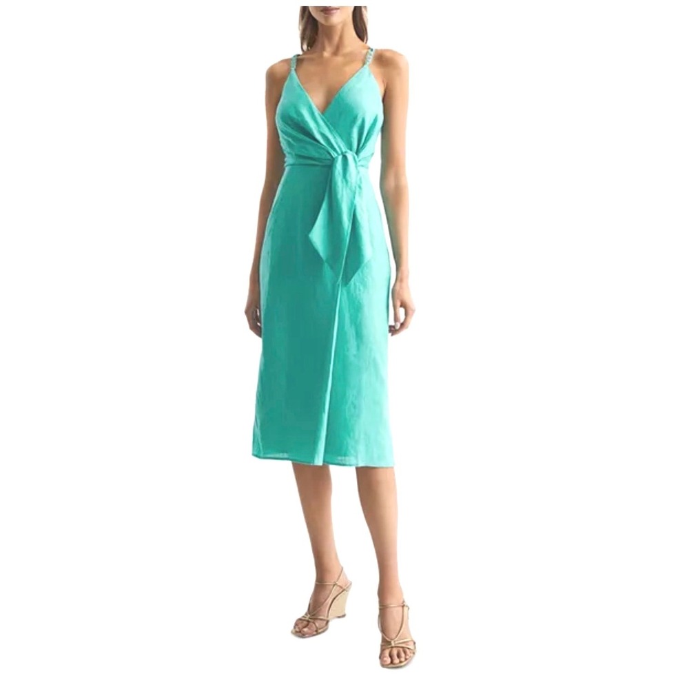 Reiss Dress Linen Midi Esme Tie Side Aqua Blue Green US 10 NEW